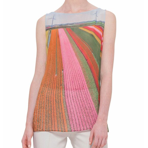 Akris Tulip Farm Flower Field Tank Top Silk Stripe Rainbow Floral Blouse 12 - Picture 1 of 13